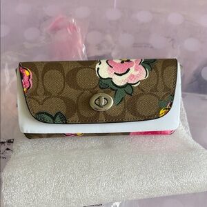 Coach Brown Signature Floral Convertible Wallet with White Trim